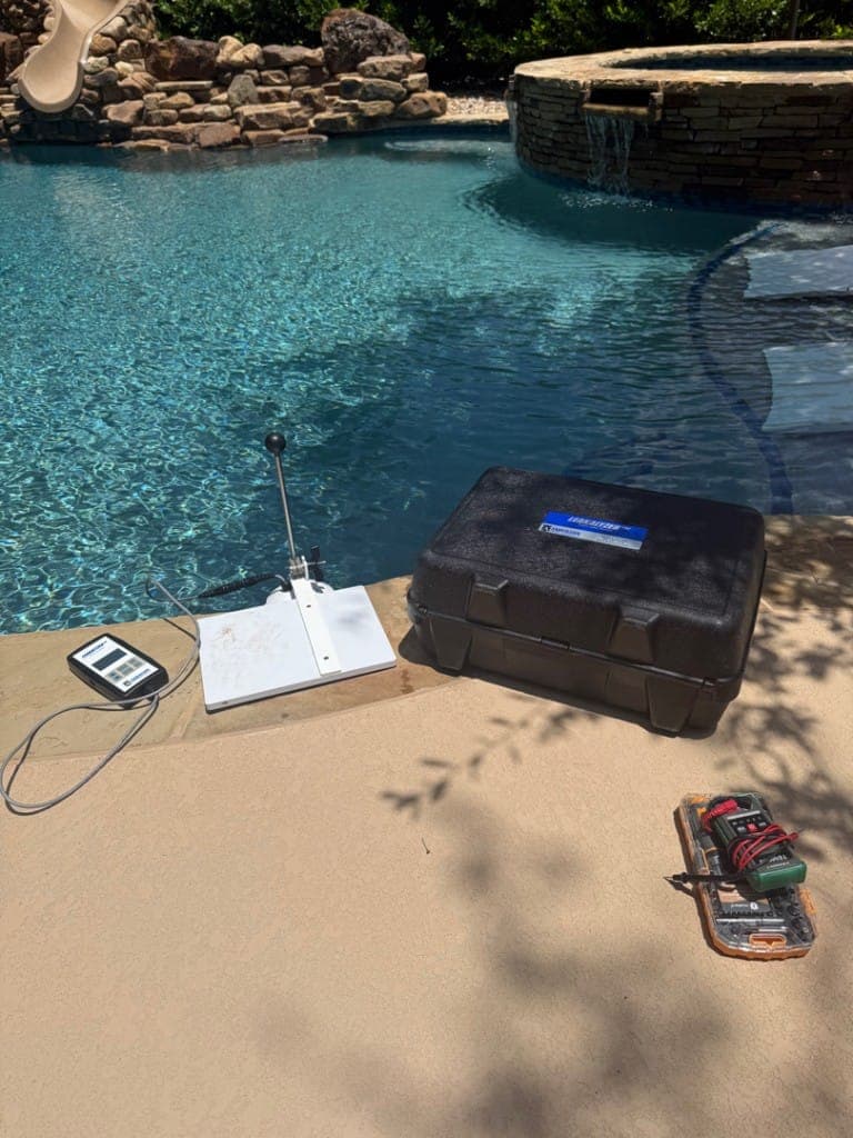Anderson Leakalyzer setup during a certified pool inspection in Cedar Park, TX