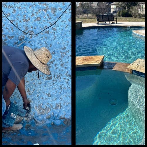 Before and after pool replaster project in Leander, Texas